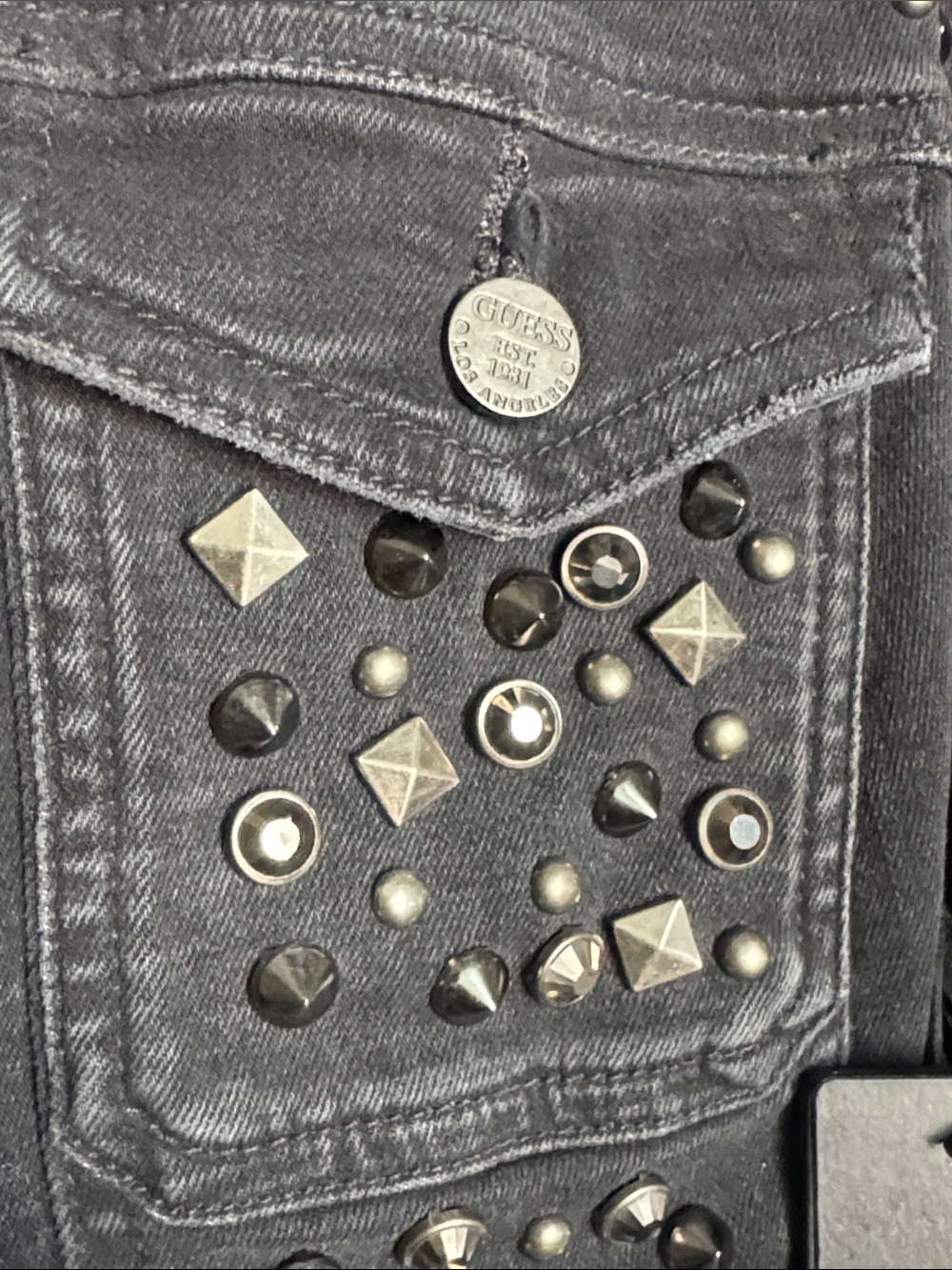GUESS Black Studded with leather Fringe Denim Jacket - Picture 5 of 6